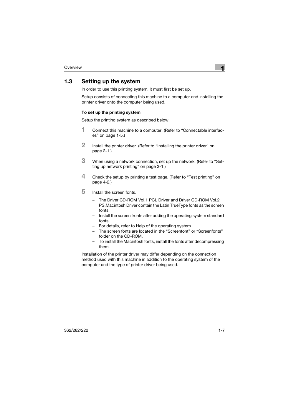 3 setting up the system, To set up the printing system, Setting up the system -7 | To set up the printing system -7 | Konica Minolta bizhub 222 User Manual | Page 22 / 94