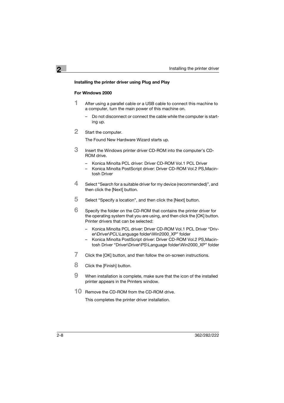 Installing the printer driver using plug and play, For windows 2000 | Konica Minolta bizhub 222 User Manual | Page 31 / 94