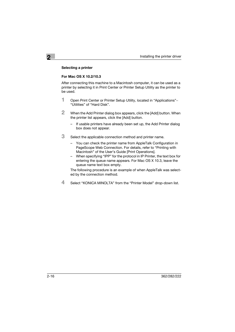 Selecting a printer, For mac os x 10.2/10.3, Selecting a printer -16 for mac os x 10.2/10.3 -16 | Konica Minolta bizhub 222 User Manual | Page 39 / 94