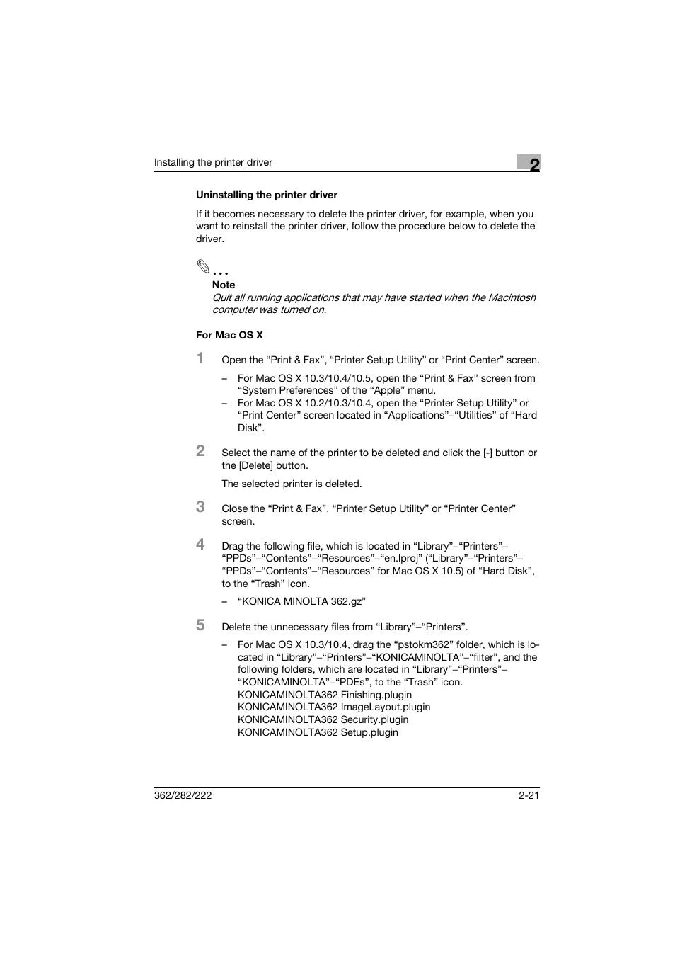 Uninstalling the printer driver, For mac os x | Konica Minolta bizhub 222 User Manual | Page 44 / 94