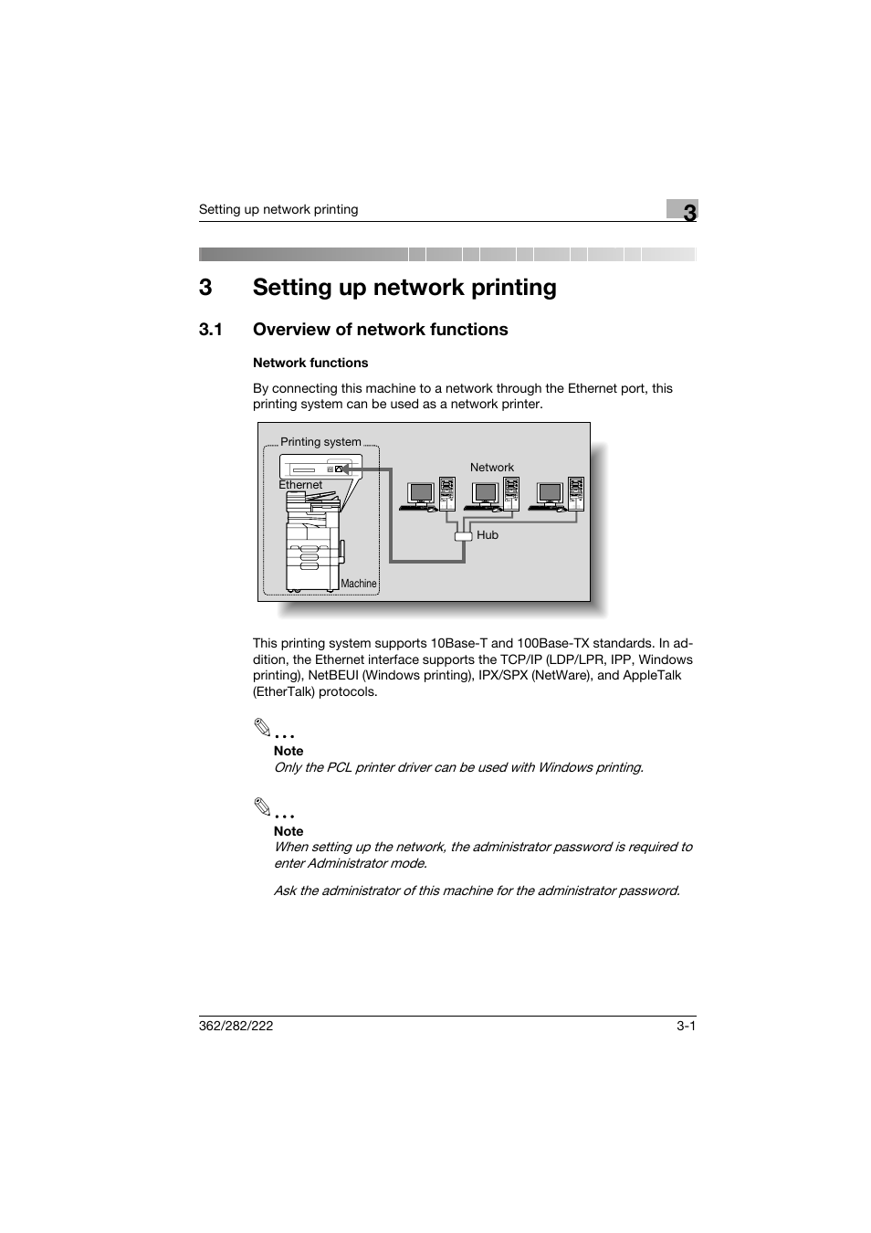 3 setting up network printing, 1 overview of network functions, Network functions | Setting up network printing, Overview of network functions -1, Network functions -1, 3setting up network printing | Konica Minolta bizhub 222 User Manual | Page 46 / 94