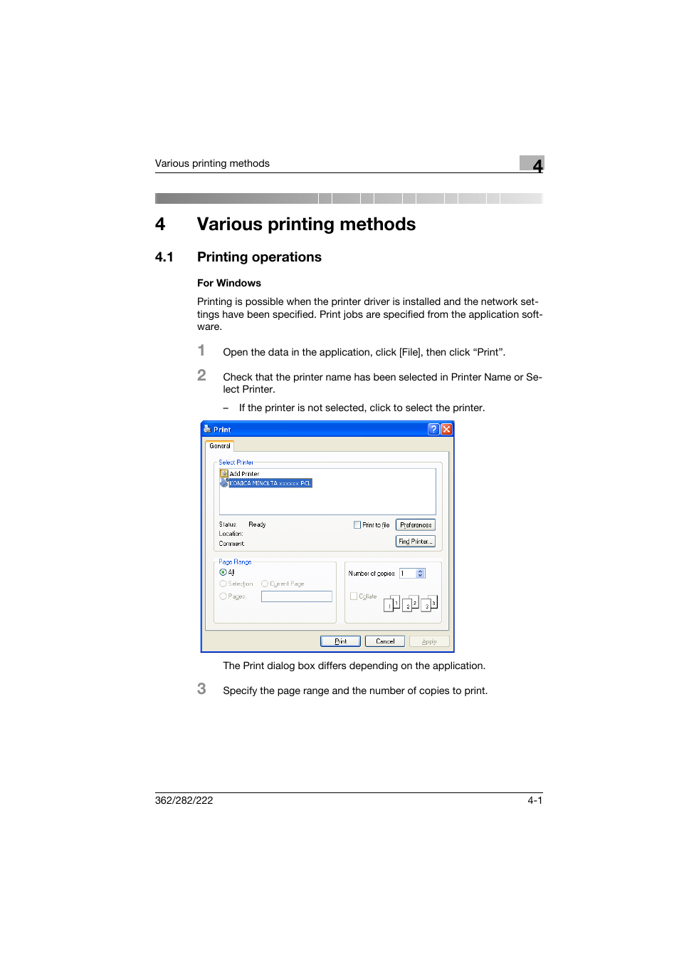 4 various printing methods, 1 printing operations, For windows | Various printing methods, Printing operations -1, For windows -1, 4various printing methods | Konica Minolta bizhub 222 User Manual | Page 52 / 94