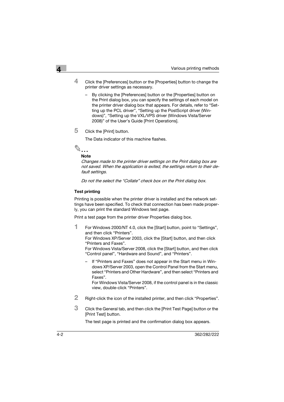 Test printing, Test printing -2 | Konica Minolta bizhub 222 User Manual | Page 53 / 94