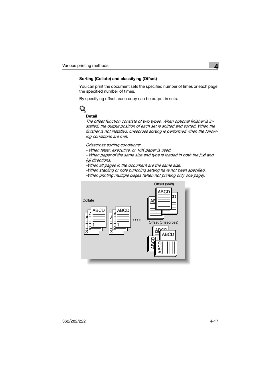 Sorting (collate) and classifying (offset), Sorting (collate) and classifying (offset) -17 | Konica Minolta bizhub 222 User Manual | Page 68 / 94