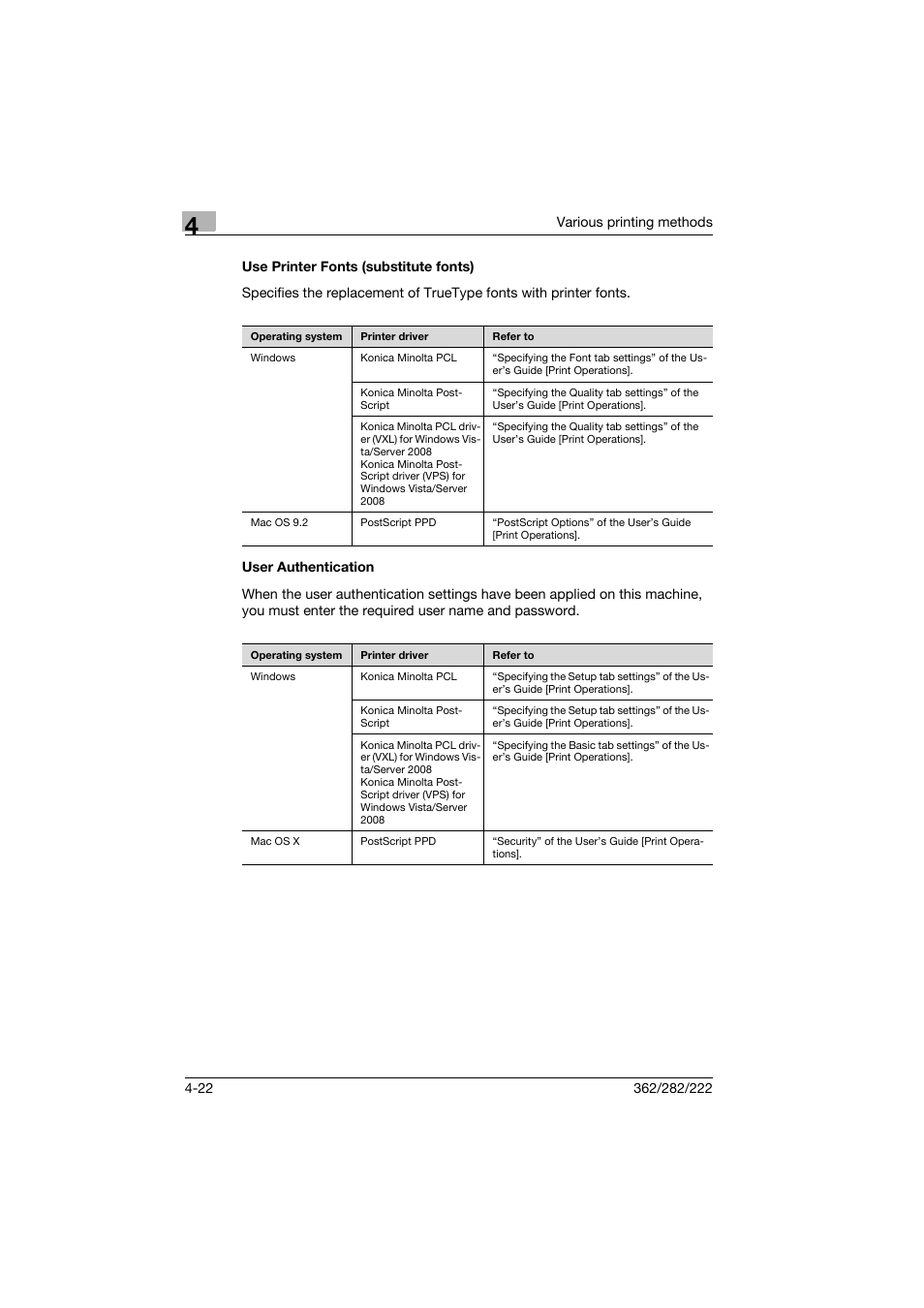 Use printer fonts (substitute fonts), User authentication | Konica Minolta bizhub 222 User Manual | Page 73 / 94