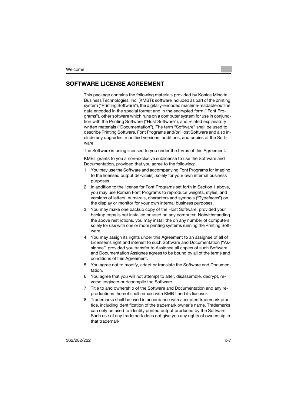 Software license agreement | Konica Minolta bizhub 222 User Manual | Page 8 / 94