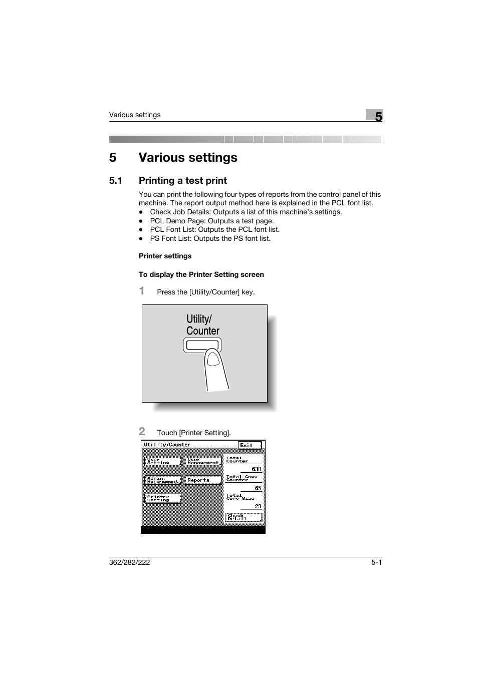 5 various settings, 1 printing a test print, Printer settings | To display the printer setting screen, Various settings, Printing a test print -1, 5various settings, Utility/ counter | Konica Minolta bizhub 222 User Manual | Page 80 / 94