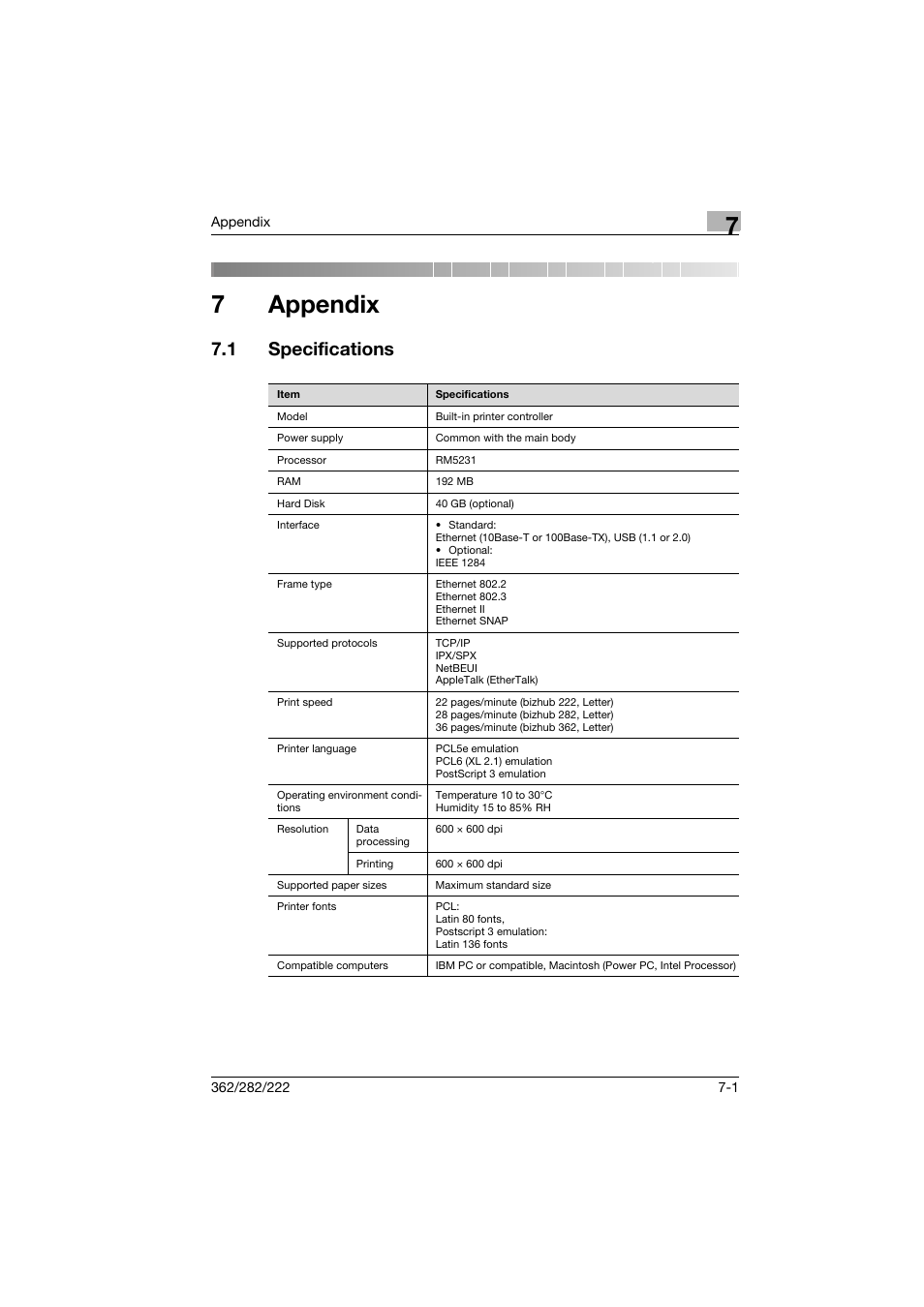 7 appendix, 1 specifications, Appendix | Specifications -1, 7appendix | Konica Minolta bizhub 222 User Manual | Page 88 / 94