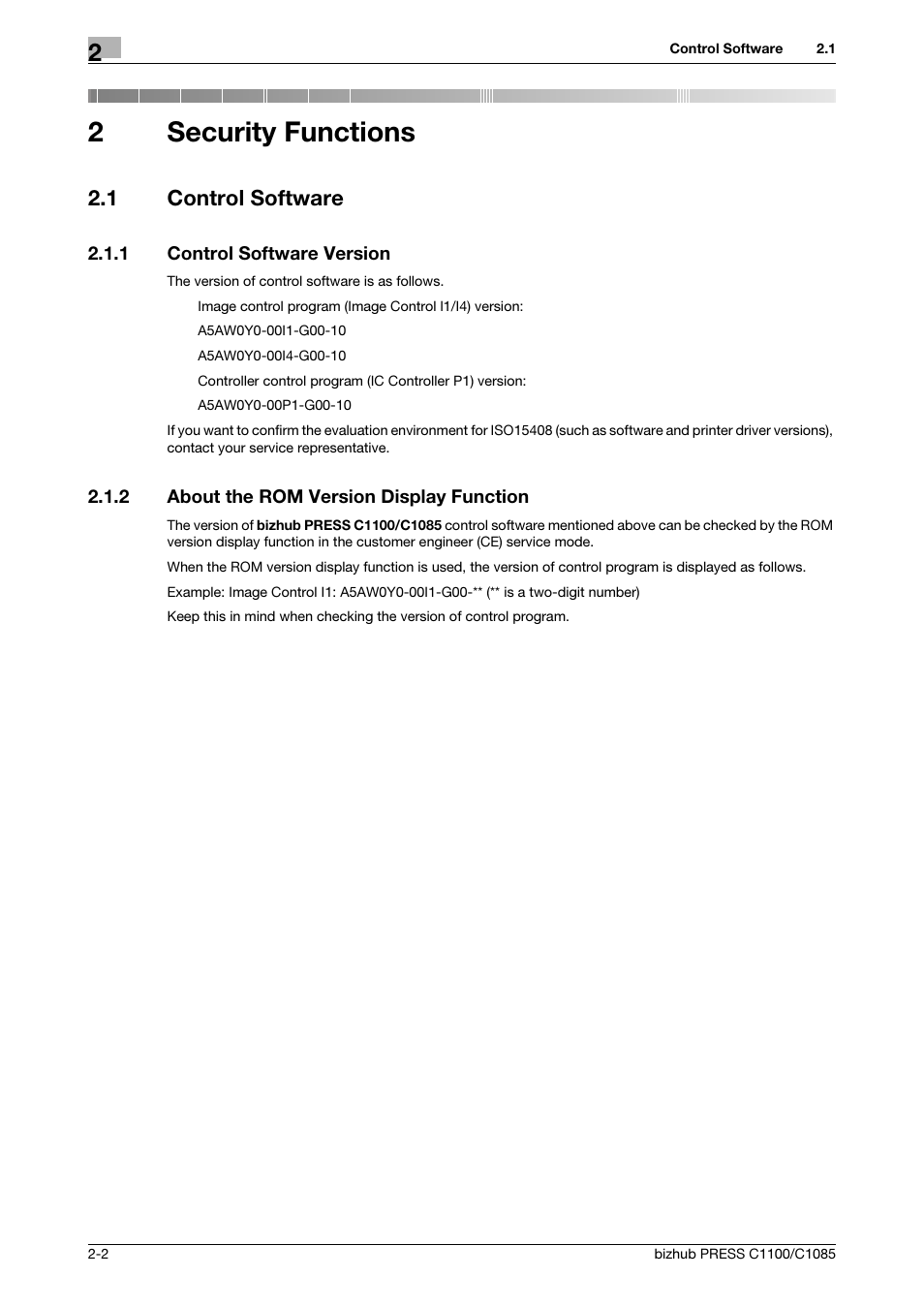 2 security functions, 1 control software, 1 control software version | 2 about the rom version display function, Security functions, Control software -2, Control software version -2, About the rom version display function -2, 2security functions | Konica Minolta bizhub PRESS C1100 User Manual | Page 10 / 68