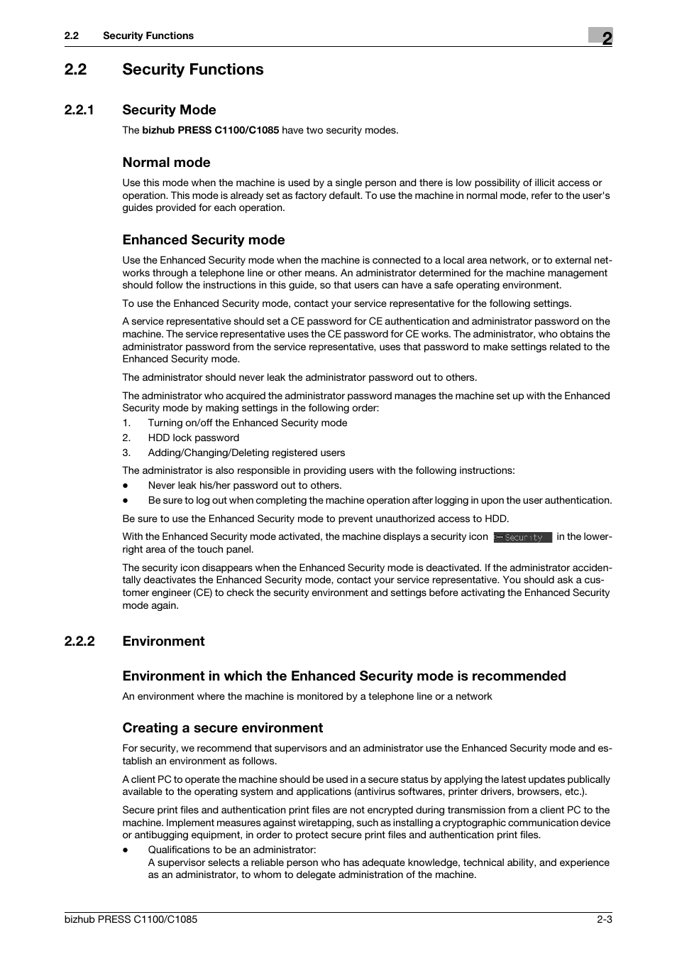 2 security functions, 1 security mode, 2 environment | Security functions -3, Security mode -3, Environment -3 | Konica Minolta bizhub PRESS C1100 User Manual | Page 11 / 68