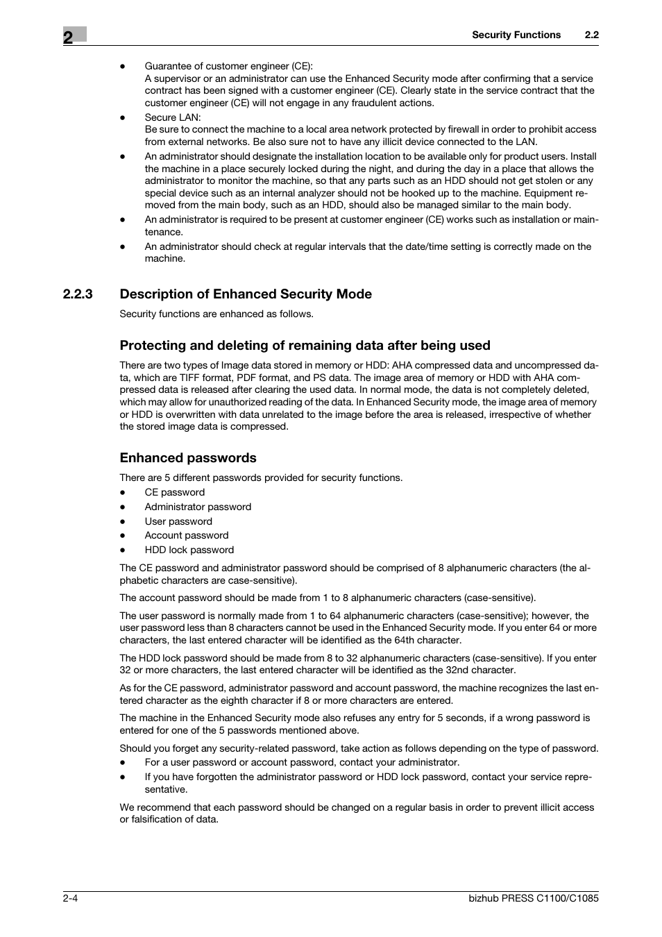 3 description of enhanced security mode, Description of enhanced security mode -4, Enhanced passwords | Konica Minolta bizhub PRESS C1100 User Manual | Page 12 / 68