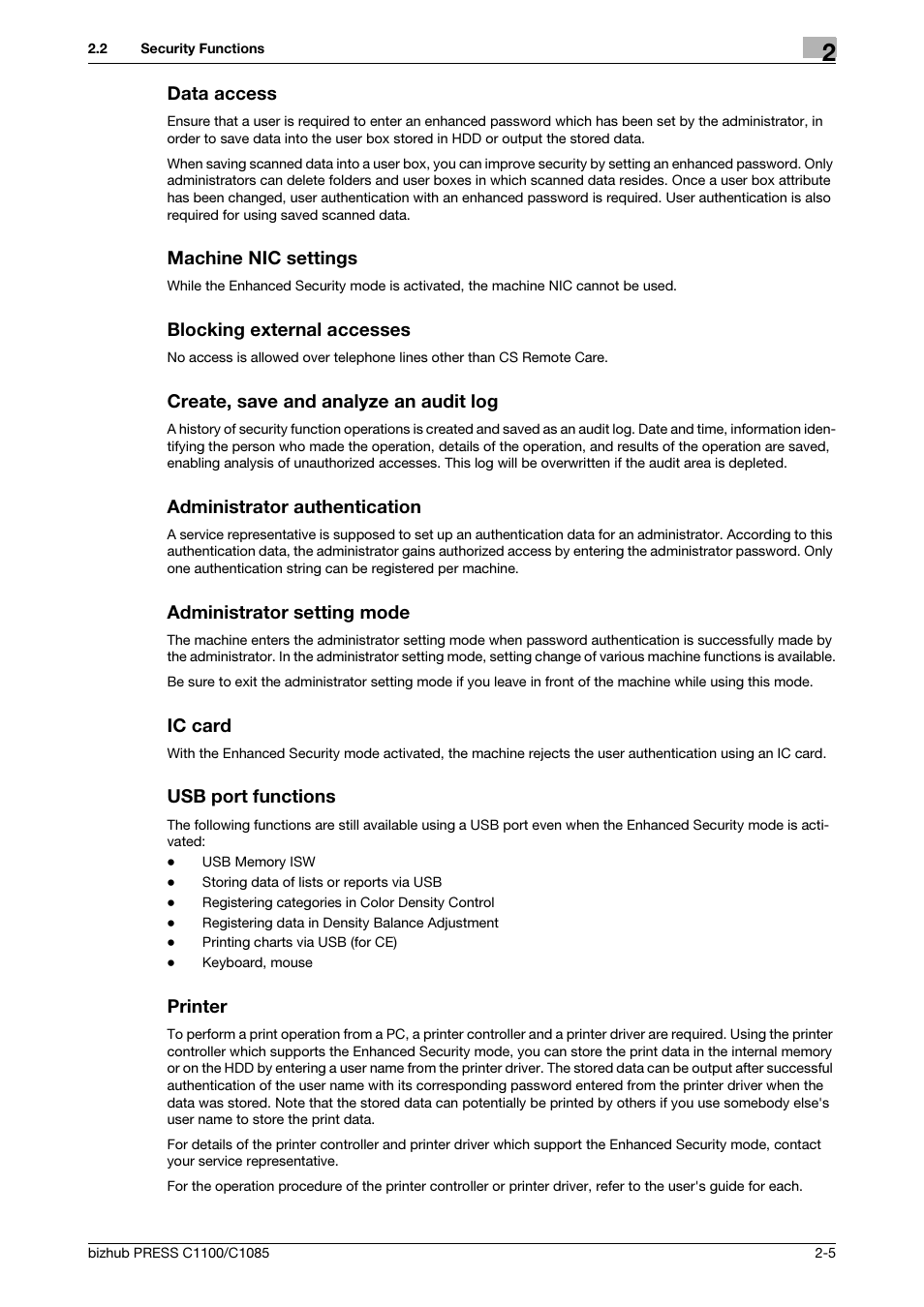 Data access, Machine nic settings, Blocking external accesses | Create, save and analyze an audit log, Administrator authentication, Administrator setting mode, Ic card, Usb port functions, Printer | Konica Minolta bizhub PRESS C1100 User Manual | Page 13 / 68