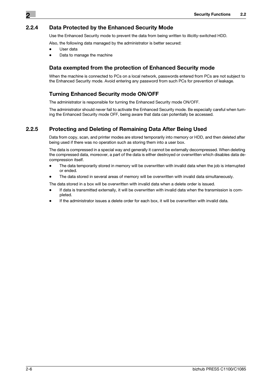 4 data protected by the enhanced security mode, Data protected by the enhanced security mode -6, Turning enhanced security mode on/off | Konica Minolta bizhub PRESS C1100 User Manual | Page 14 / 68