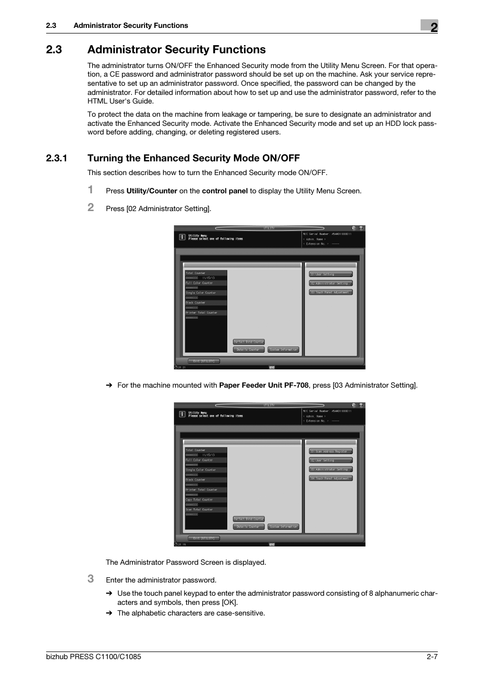 3 administrator security functions, 1 turning the enhanced security mode on/off, Administrator security functions -7 | Turning the enhanced security mode on/off -7 | Konica Minolta bizhub PRESS C1100 User Manual | Page 15 / 68