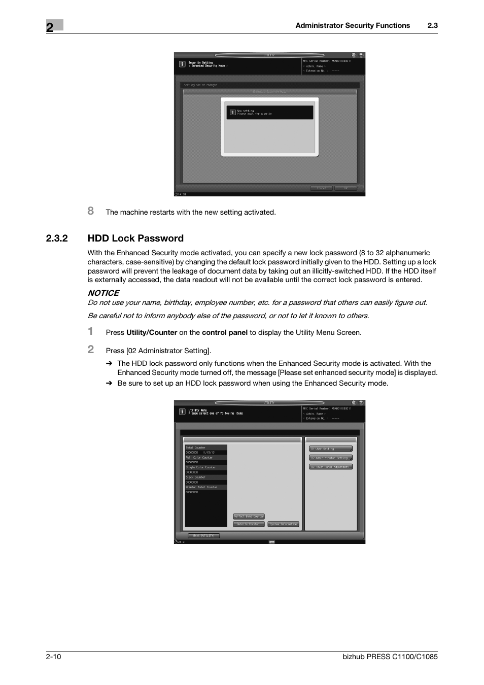 2 hdd lock password, Hdd lock password -10 | Konica Minolta bizhub PRESS C1100 User Manual | Page 18 / 68