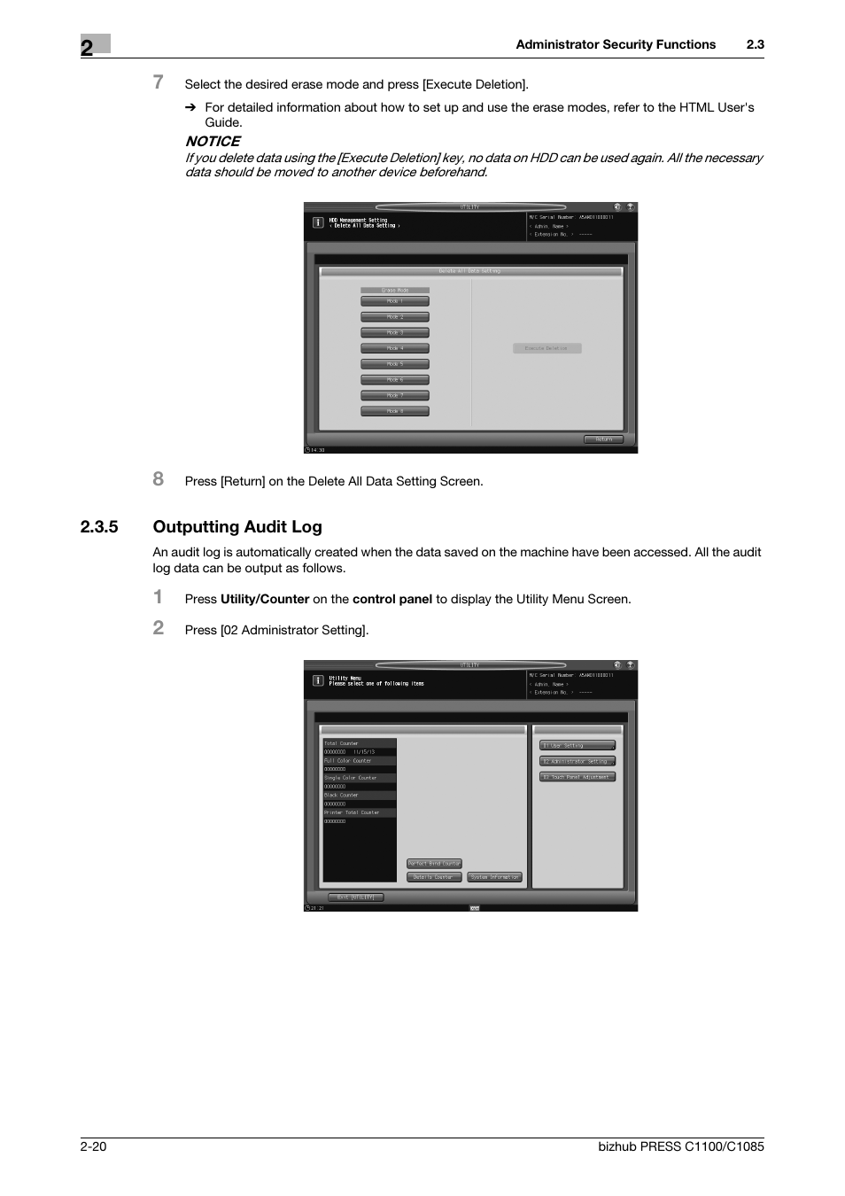 5 outputting audit log, Outputting audit log -20 | Konica Minolta bizhub PRESS C1100 User Manual | Page 28 / 68