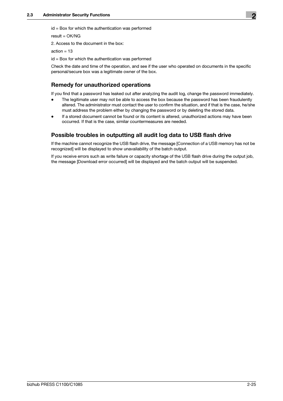 Remedy for unauthorized operations | Konica Minolta bizhub PRESS C1100 User Manual | Page 33 / 68