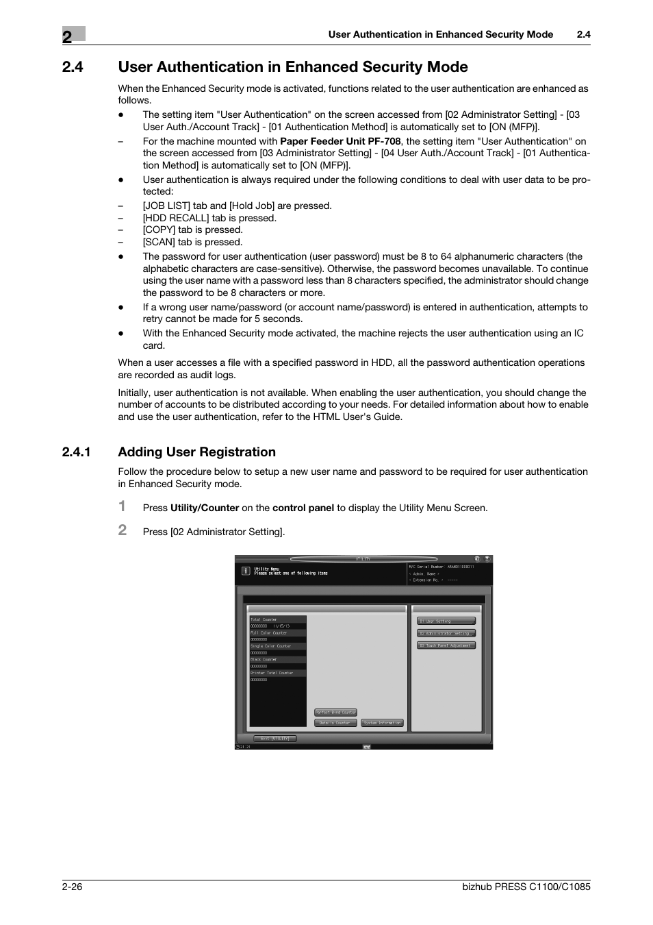 4 user authentication in enhanced security mode, 1 adding user registration, User authentication in enhanced security mode -26 | Adding user registration -26 | Konica Minolta bizhub PRESS C1100 User Manual | Page 34 / 68