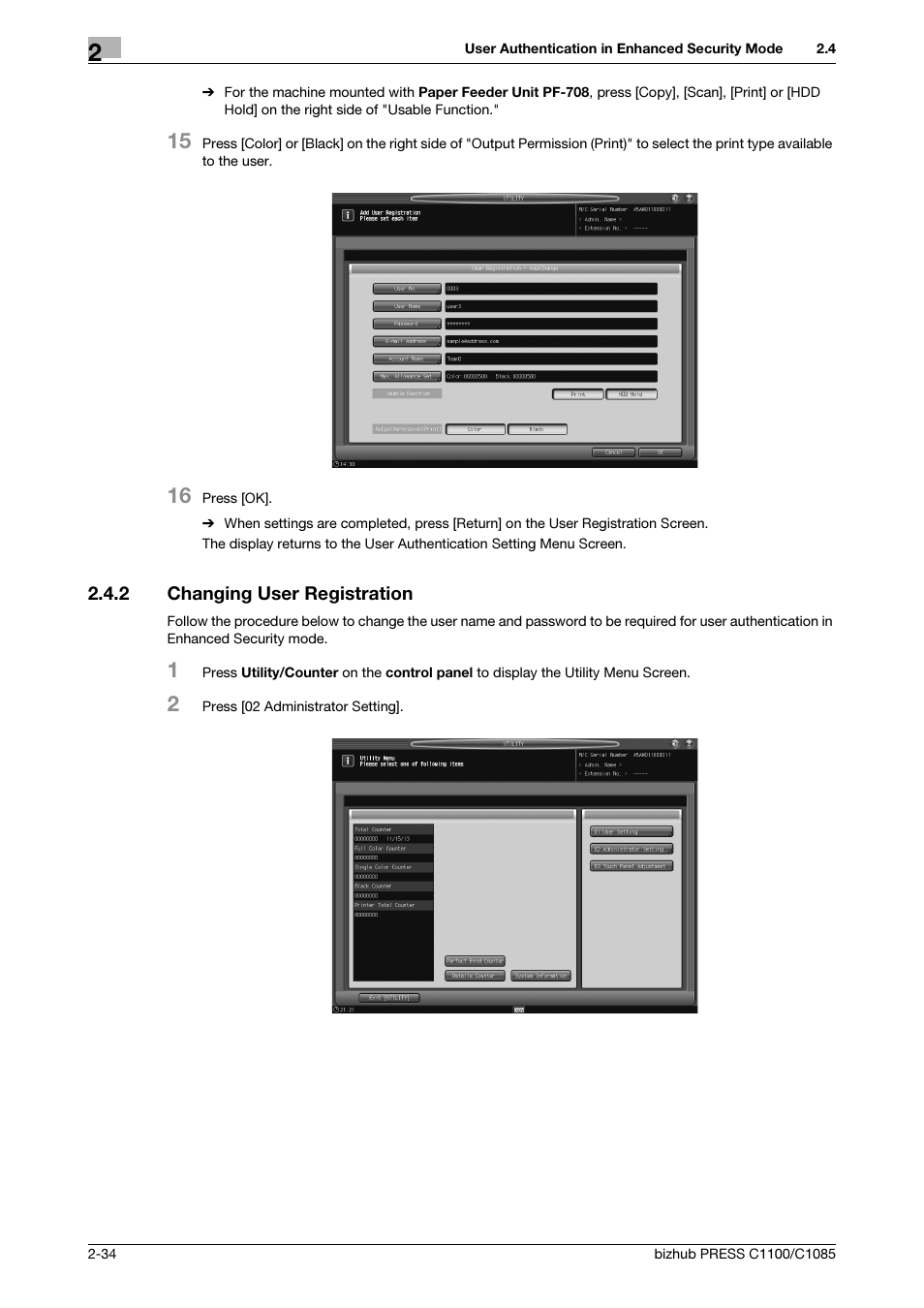 2 changing user registration, Changing user registration -34 | Konica Minolta bizhub PRESS C1100 User Manual | Page 42 / 68