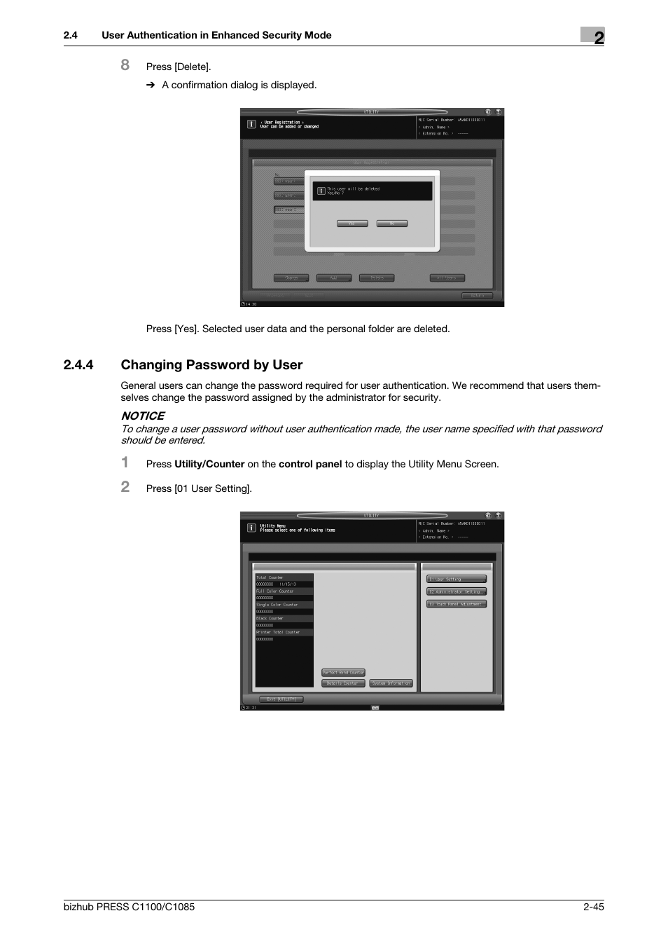 4 changing password by user, Changing password by user -45 | Konica Minolta bizhub PRESS C1100 User Manual | Page 53 / 68