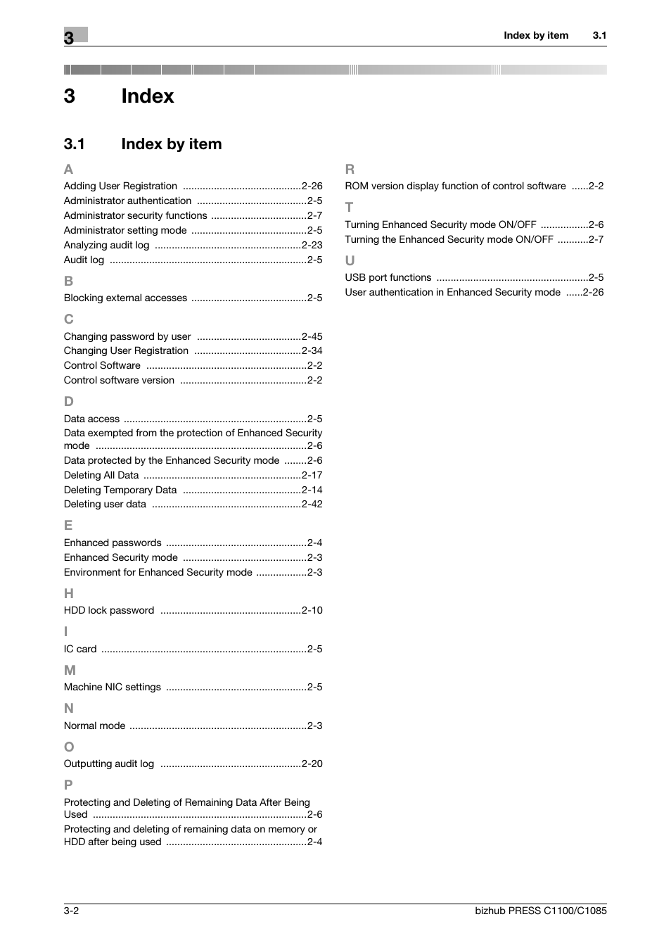 3 index, 1 index by item, Index | Index by item -2, 3index | Konica Minolta bizhub PRESS C1100 User Manual | Page 58 / 68