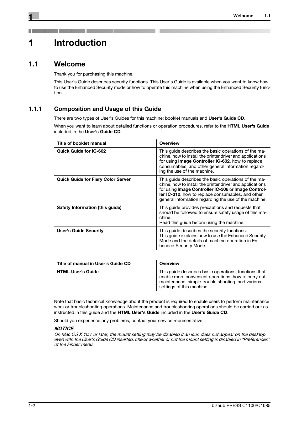 1 introduction, 1 welcome, 1 composition and usage of this guide | Introduction, Welcome -2, Composition and usage of this guide -2, 1introduction | Konica Minolta bizhub PRESS C1100 User Manual | Page 6 / 68