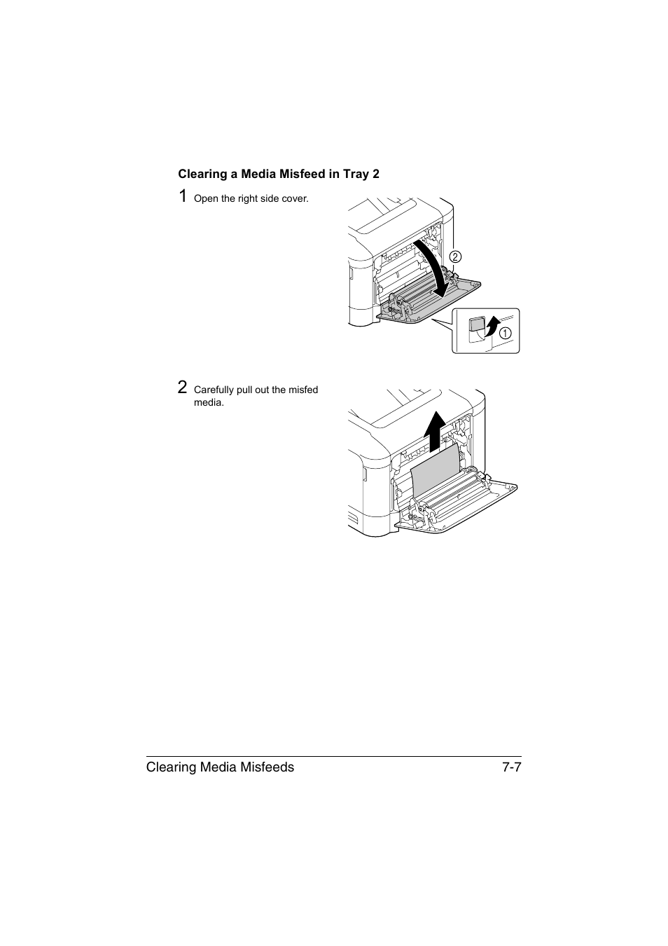 Clearing a media misfeed in tray 2, Clearing a media misfeed in tray 2 -7 | Konica Minolta magicolor 3730DN User Manual | Page 122 / 164