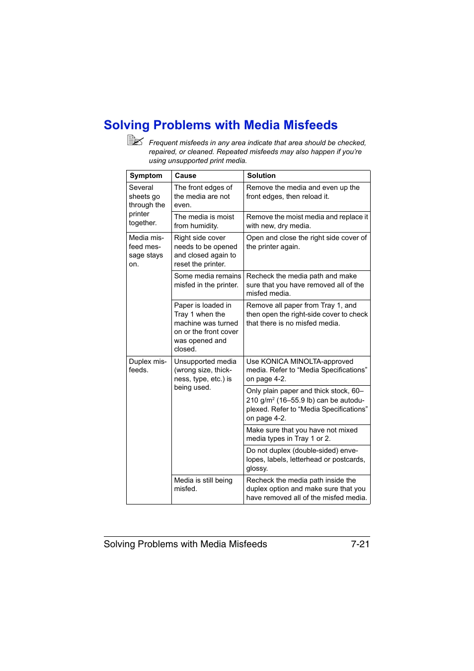 Solving problems with media misfeeds, Solving problems with media misfeeds -21, Solving problems with media misfeeds 7-21 | Konica Minolta magicolor 3730DN User Manual | Page 136 / 164