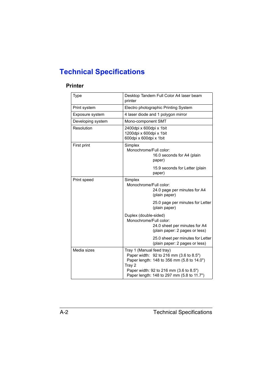 Technical specifications, Printer, Technical specifications a-2 | Konica Minolta magicolor 3730DN User Manual | Page 157 / 164