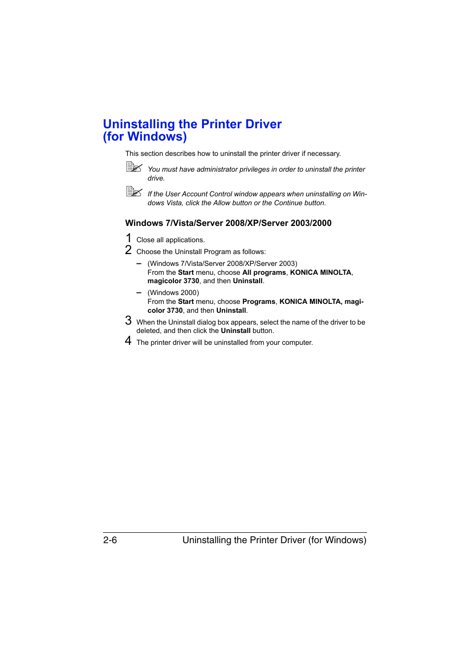 Uninstalling the printer driver (for windows), Windows 7/vista/server 2008/xp/server 2003/2000, Uninstalling the printer driver (for windows) -6 | Windows 7/vista/server 2008/xp/server 2003/2000 -6 | Konica Minolta magicolor 3730DN User Manual | Page 19 / 164