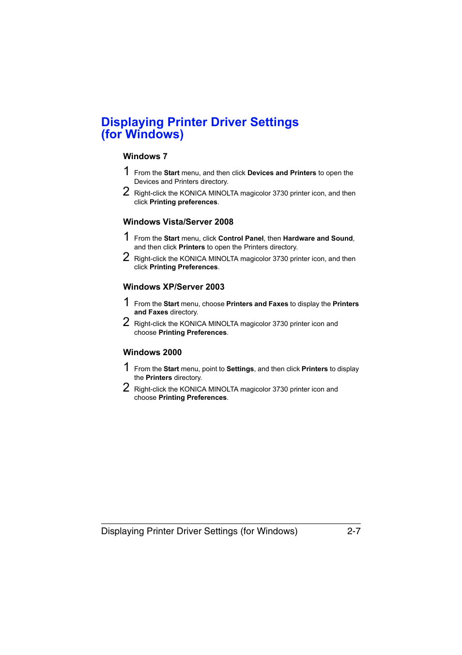 Displaying printer driver settings (for windows), Windows 7, Windows vista/server 2008 | Windows xp/server 2003, Windows 2000, Windows 7 -7 | Konica Minolta magicolor 3730DN User Manual | Page 20 / 164