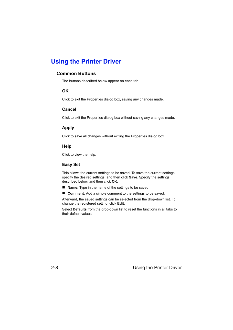 Using the printer driver, Common buttons, Cancel | Apply, Help, Easy set, Using the printer driver -8, Common buttons -8, Ok -8 cancel -8 apply -8 help -8 easy set -8 | Konica Minolta magicolor 3730DN User Manual | Page 21 / 164