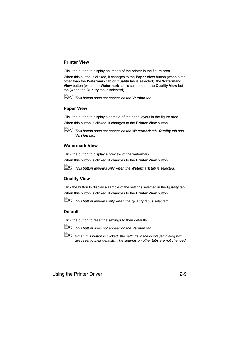 Printer view, Paper view, Watermark view | Quality view, Default | Konica Minolta magicolor 3730DN User Manual | Page 22 / 164