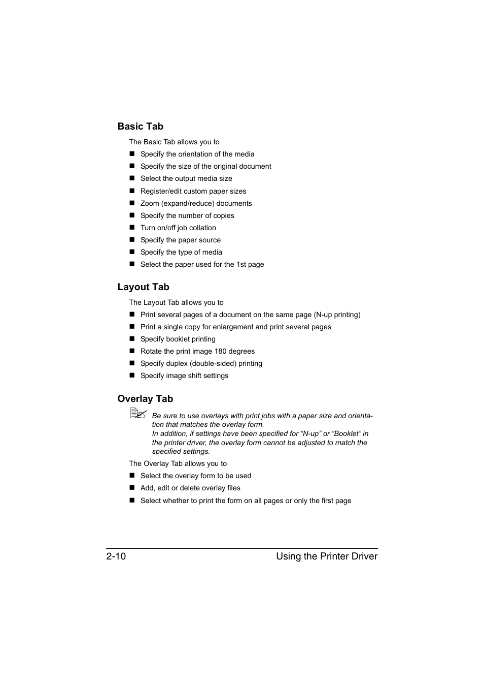 Basic tab, Layout tab, Overlay tab | Basic tab -10 layout tab -10 overlay tab -10, Using the printer driver 2-10 basic tab | Konica Minolta magicolor 3730DN User Manual | Page 23 / 164