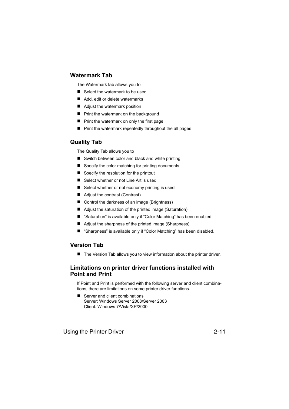 Watermark tab, Quality tab, Version tab | Using the printer driver 2-11 watermark tab | Konica Minolta magicolor 3730DN User Manual | Page 24 / 164