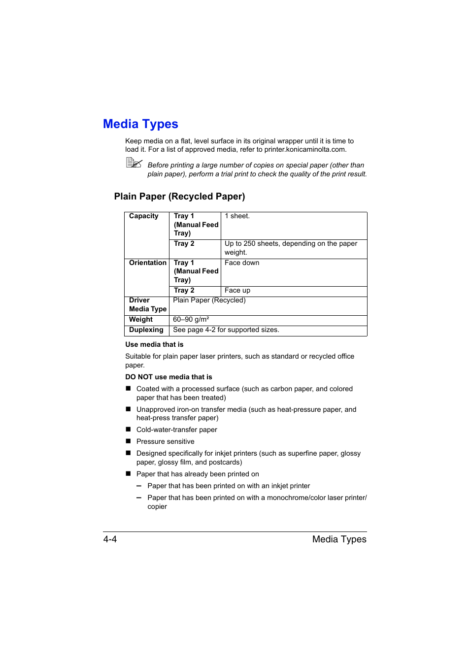 Media types, Plain paper (recycled paper), Media types -4 | Plain paper (recycled paper) -4, Media types 4-4 | Konica Minolta magicolor 3730DN User Manual | Page 47 / 164