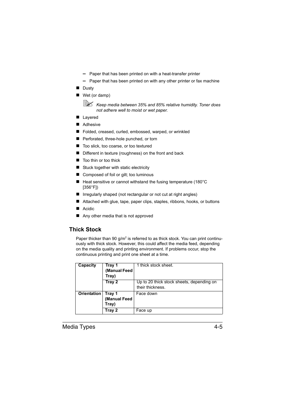 Thick stock, Thick stock -5, Media types 4-5 | Konica Minolta magicolor 3730DN User Manual | Page 48 / 164