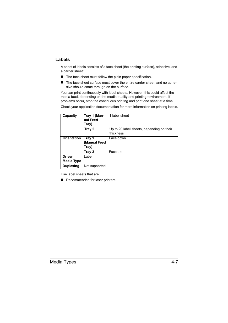 Labels, Labels -7, Media types 4-7 labels | Konica Minolta magicolor 3730DN User Manual | Page 50 / 164