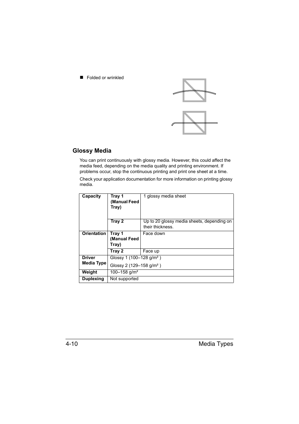 Glossy media, Glossy media -10, Media types 4-10 | Konica Minolta magicolor 3730DN User Manual | Page 53 / 164