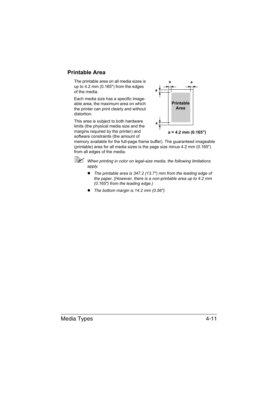 Printable area, Printable area -11, Media types 4-11 printable area | Konica Minolta magicolor 3730DN User Manual | Page 54 / 164