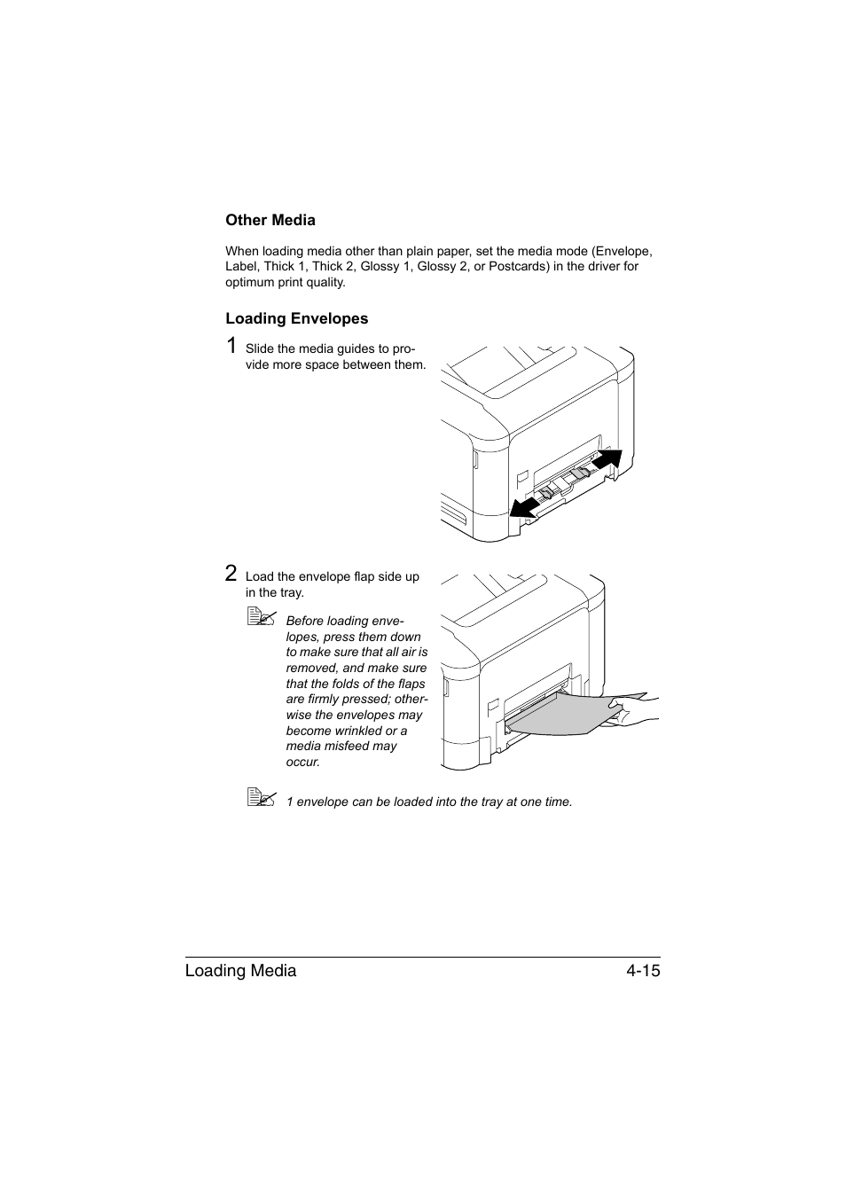 Other media, Loading envelopes, Other media -15 loading envelopes -15 | Konica Minolta magicolor 3730DN User Manual | Page 58 / 164