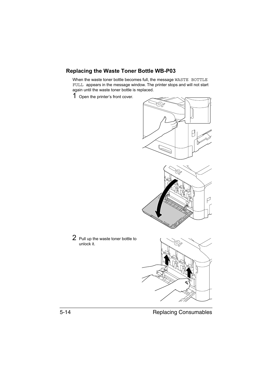 Replacing the waste toner bottle wb-p03, Replacing the waste toner bottle wb-p03 -14 | Konica Minolta magicolor 3730DN User Manual | Page 85 / 164