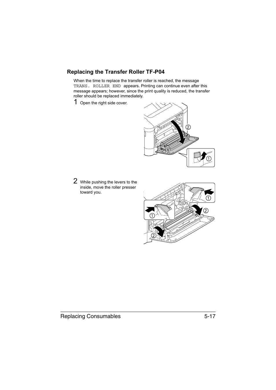 Replacing the transfer roller tf-p04, Replacing the transfer roller tf-p04 -17 | Konica Minolta magicolor 3730DN User Manual | Page 88 / 164