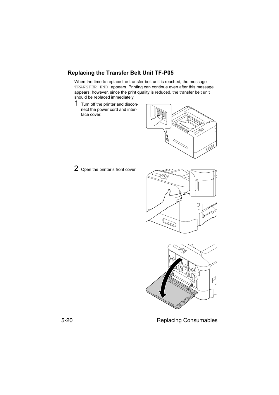 Replacing the transfer belt unit tf-p05, Replacing the transfer belt unit tf-p05 -20 | Konica Minolta magicolor 3730DN User Manual | Page 91 / 164