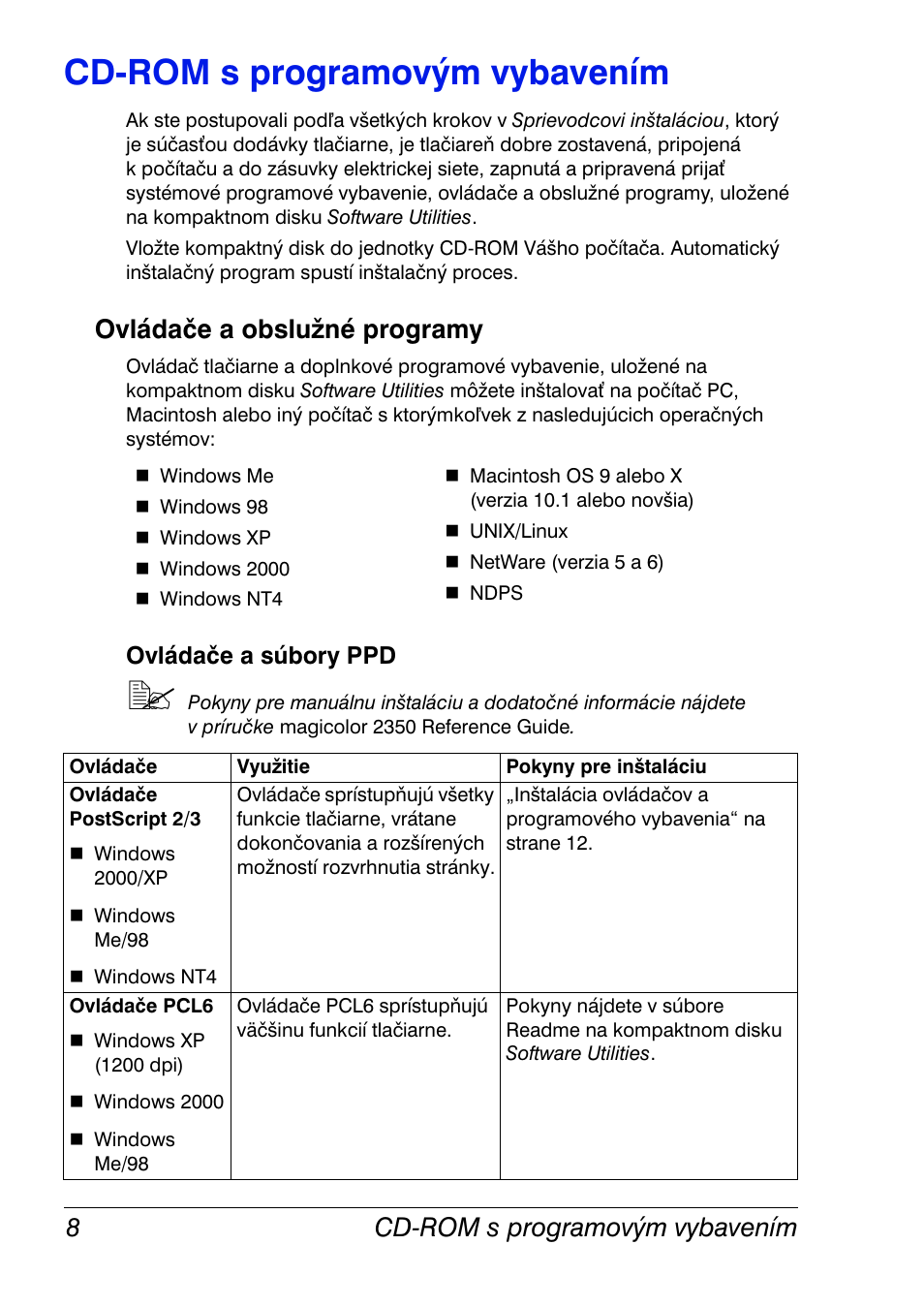 Cd-rom s programovým vybavením, Ovládače a obslužné programy, Ovládače a súbory ppd | Cd-rom s programovým vybavením 8, Ovládače a obslužné programy 8 | Konica Minolta Magicolor 2350EN User Manual | Page 10 / 208