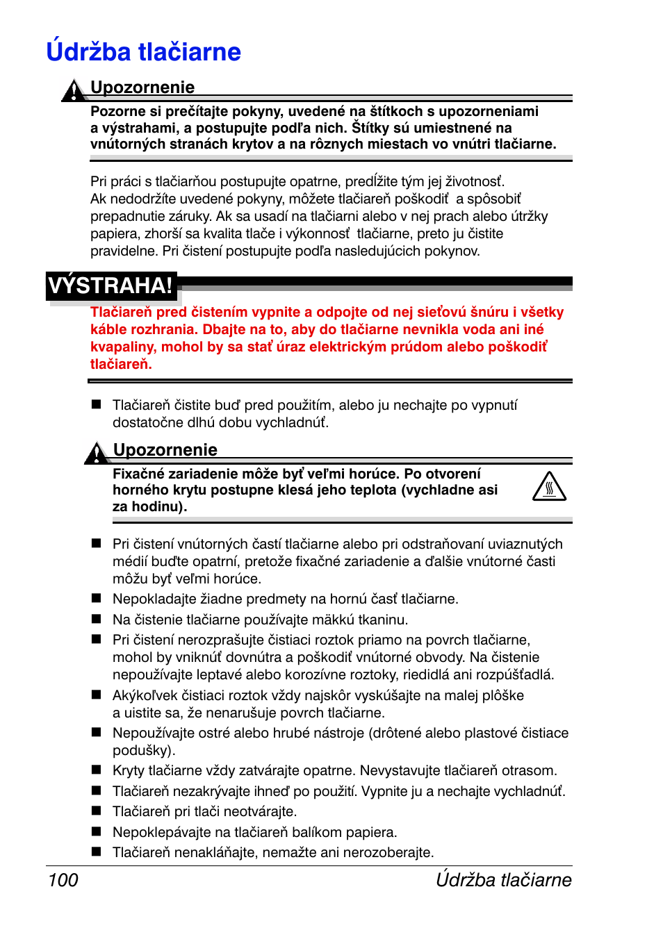 Údržba tlačiarne, Údržba tlačiarne 100, Výstraha | Konica Minolta Magicolor 2350EN User Manual | Page 102 / 208