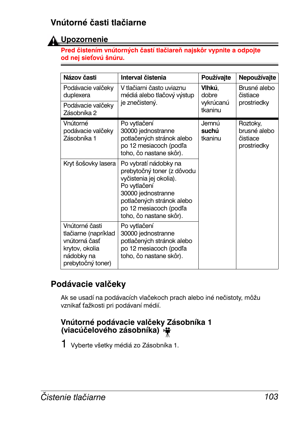 Vnútorné časti tlačiarne, Podávacie valčeky, Vnútorné časti tlačiarne 103 podávacie valčeky 103 | Čistenie tlačiarne 103 vnútorné časti tlačiarne | Konica Minolta Magicolor 2350EN User Manual | Page 105 / 208