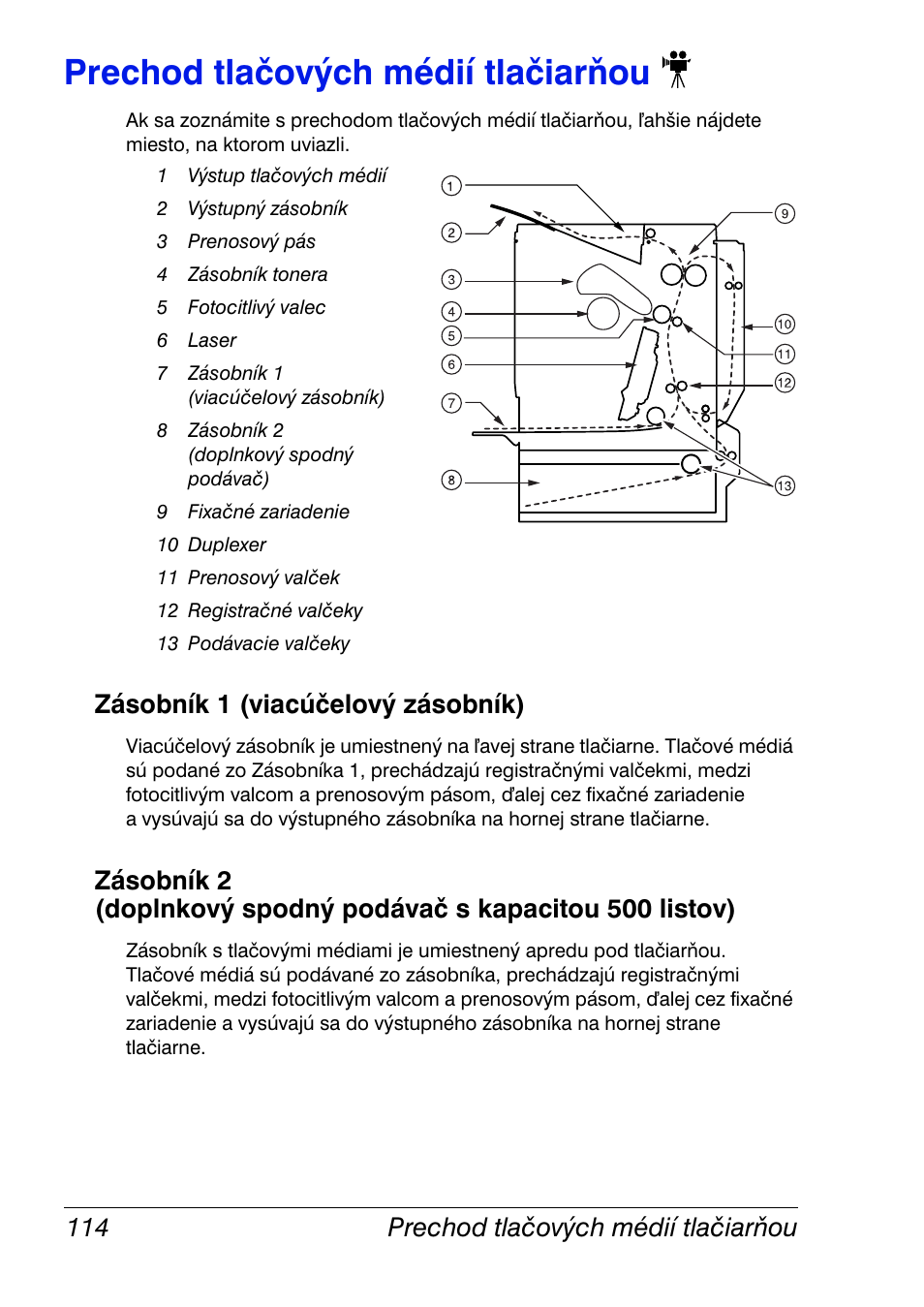 Prechod tlačových médií tlačiarňou, Zásobník 1 (viacúčelový zásobník), Prechod tlačových médií tlačiarňou 114 | Konica Minolta Magicolor 2350EN User Manual | Page 116 / 208