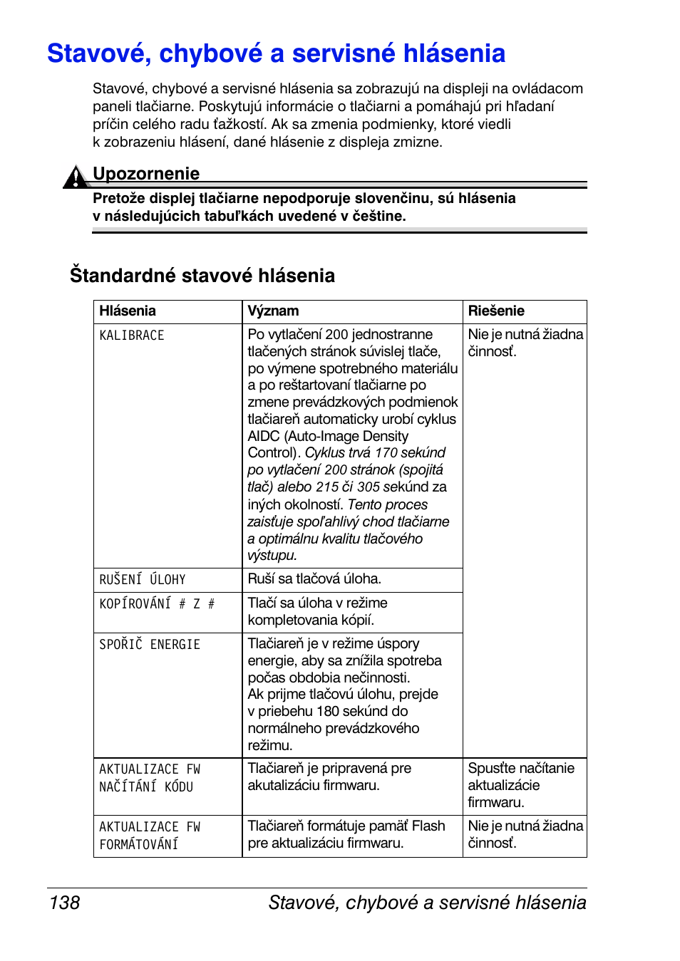 Stavové, chybové a servisné hlásenia, Štandardné stavové hlásenia, Stavové, chybové a servisné hlásenia 138 | Štandardné stavové hlásenia 138 | Konica Minolta Magicolor 2350EN User Manual | Page 140 / 208