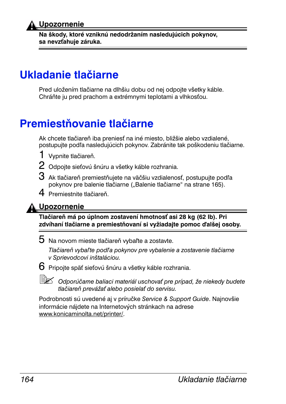 Ukladanie tlačiarne, Premiestňovanie tlačiarne | Konica Minolta Magicolor 2350EN User Manual | Page 166 / 208